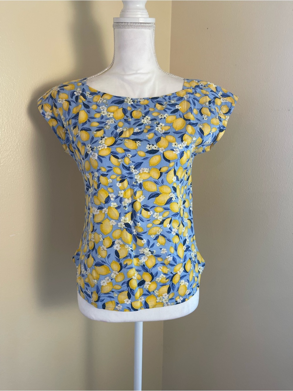 100% Linen Lemon Print Top Citrus Coastal Mediterranean Resort Summer XS Petite